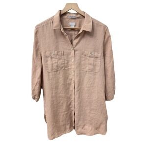 Chico's Tan‎ No-Iron Linen Blouse sz 2.5 button up Tunic 3/4 Sleeves Pockets